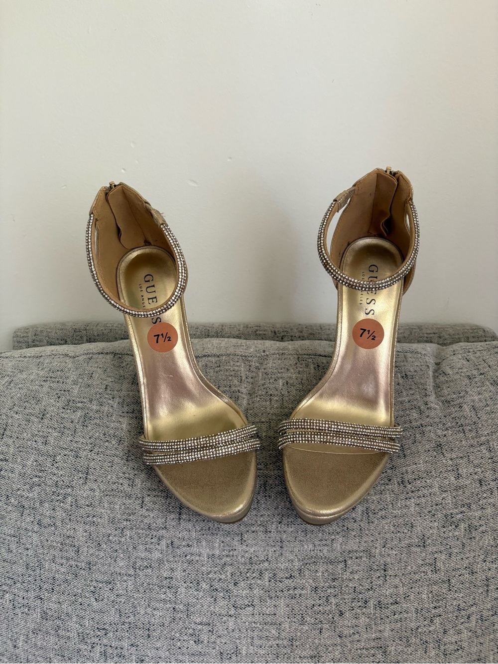 Guess Metallic Gold Crystal-Trim Ankle-Strap Heels